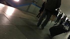 Public cumshot on girls leather jacket