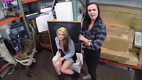 Horny lesbian couple fucks a horny pawn guy in his office