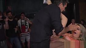 Naked slave wrapped in foil in public