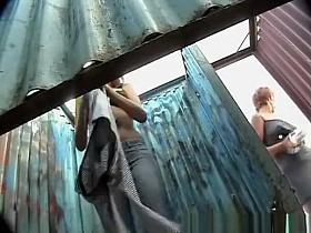 Girl disguises in the locker room