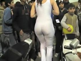 Hostess in tight overalls is always ready...