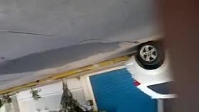 Woman in tight blue sports pants big cameltoe