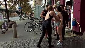 Big tits slave gangbang fucked in public