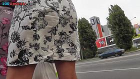 Real upskirt of the black haired girl with tanned skin