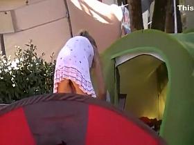 Bare pussy under a camping girl's skirt