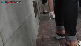 G-string upskirt panties disappeared between buttocks