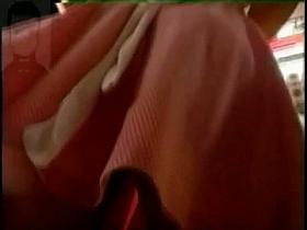 Young skinny chick in gorgeous pink dress upskirt