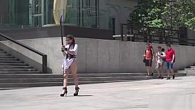 Busty slave deep throat banged in public