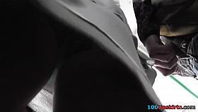 Lonely brunette caught on voyeur upskirt camera