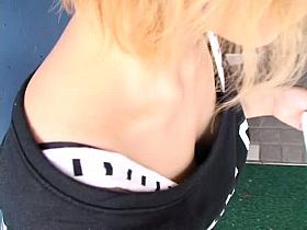 Blonde asian babes lets the camera go down her blouse