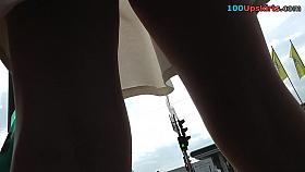 Upskirt video with girl in a-line dress and pantyhose