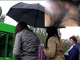 Fancy hose upskirt at bus stop