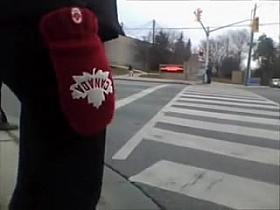 Candid street booty wrapped into tight pants on a cool day