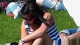 Look under the skirt of a girl lying on the grass