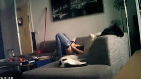 My sweetie rubs her clit on the couch at home