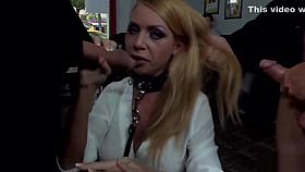 Huge tits slave gets dp in public bar