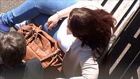 Candid Downblouse Cleavage on Bench