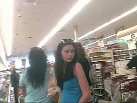 Upskirted a Cute Little Brunette in a Tiny Denim Skirt