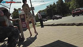 Voyeur upskirt video with short-haired brunette