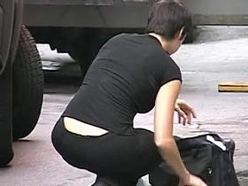 Woman in Candid Pants in Sitting Pose (+slow motion)