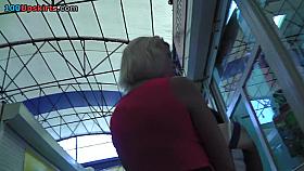 Blond in pink suit nearly stripped upskirt