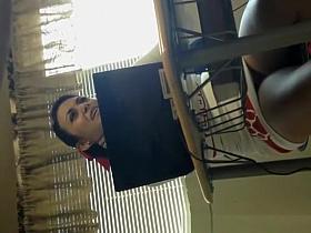 Cheerleader upskirted in school class