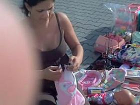 Sexy nipples downblouse of amateur is voyeured on cam