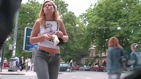 Awesome hussy in black jeans has a very big athletic butt