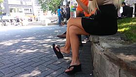 Candid Blonde Shoeplay Dangling Flip Flops Feet Face