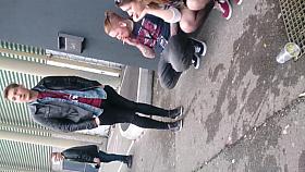 tatoo with denim short black pantyhose