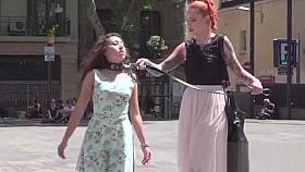 Anal plugged petite slave in public