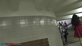 Amateur brunette shows off thong in candid upskirts