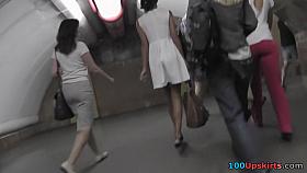 Thong on athletic brunette's ass in real upskirt vid