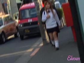 Little brown-haired oriental slapper gets publicly exposed during sharking action