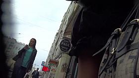 short black dress tan stockings upskirt