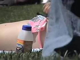 Girl in the park bikini downblouse tits slip voyeured