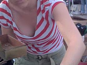 Mature in red and white top full boob down blouse view