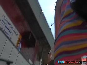 Appealing striped mini suit upskirt