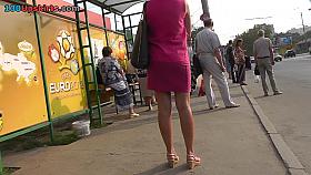 Golden-Haired in pink costume very sexy upskirt