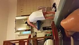 Man in bathtub films chubby woman