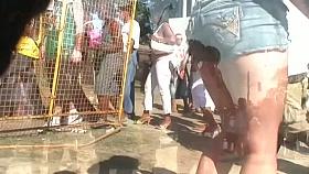 Latina teens in sexy short shorts shake their ass in public