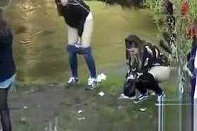 Group of desperate German girls enjoys peeing in the woods