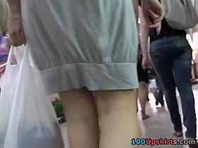 Sexy denim cutie in spy upskirt vid