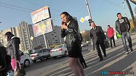 Brunette in pantyhose filmed by a upskirt spycam