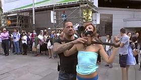 Naked ginger slave led through Madrid