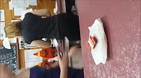 Geeky teen shop assistant with BIG ass in tight trousers