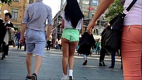 Candid Brunette in tight short street public
