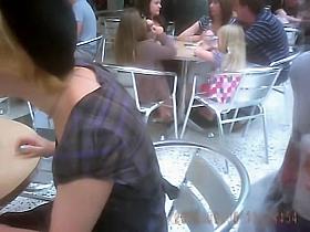 Amateur in the caf. exciting downblouse on spy camera