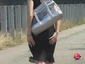 Noisy skinny cutie flashes her bushy pussy when sharking fella grabs her dress