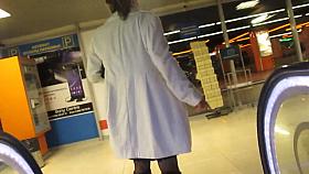 Black leather boots and red tops stockings escalator upskirt